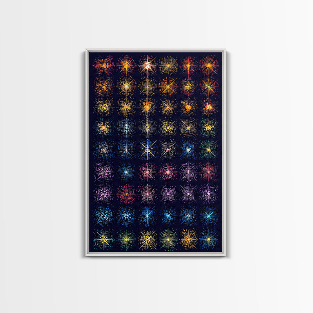 Glowing Starburst Fireworks Grid Wall Art, Midcentury Modern Art Print, Atomic Retro Poster, Dark Navy Living Room Decor