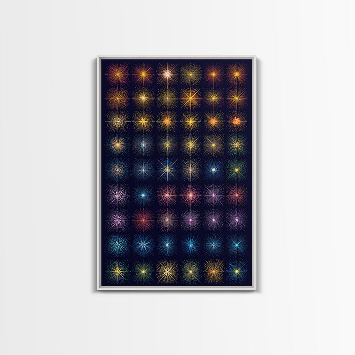 Glowing Starburst Fireworks Grid Wall Art, Midcentury Modern Art Print, Atomic Retro Poster, Dark Navy Living Room Decor