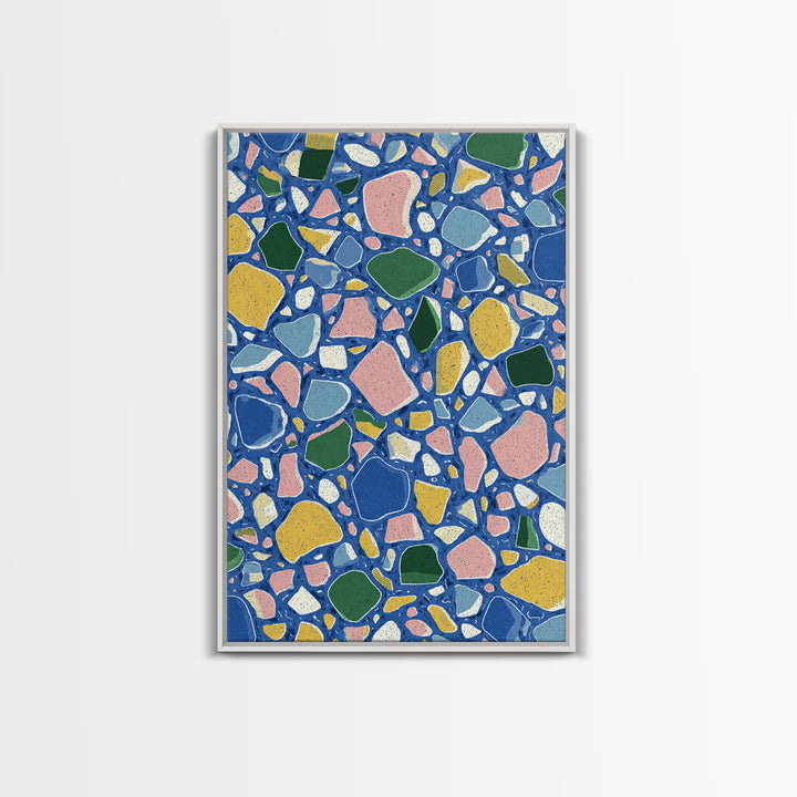 Blue Pebble Terrazzo Mosaic Pattern Canvas Print, Midcentury Modern Wall Art, Colorful Abstract Geometric Home Decor Poster Gift