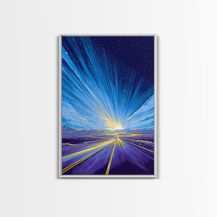 Radiant Starry Sunrise Road Wall Art, Modern Digital Art, Retro Sci Fi Poster, Blue Landscape Print, Large Living Room Decor