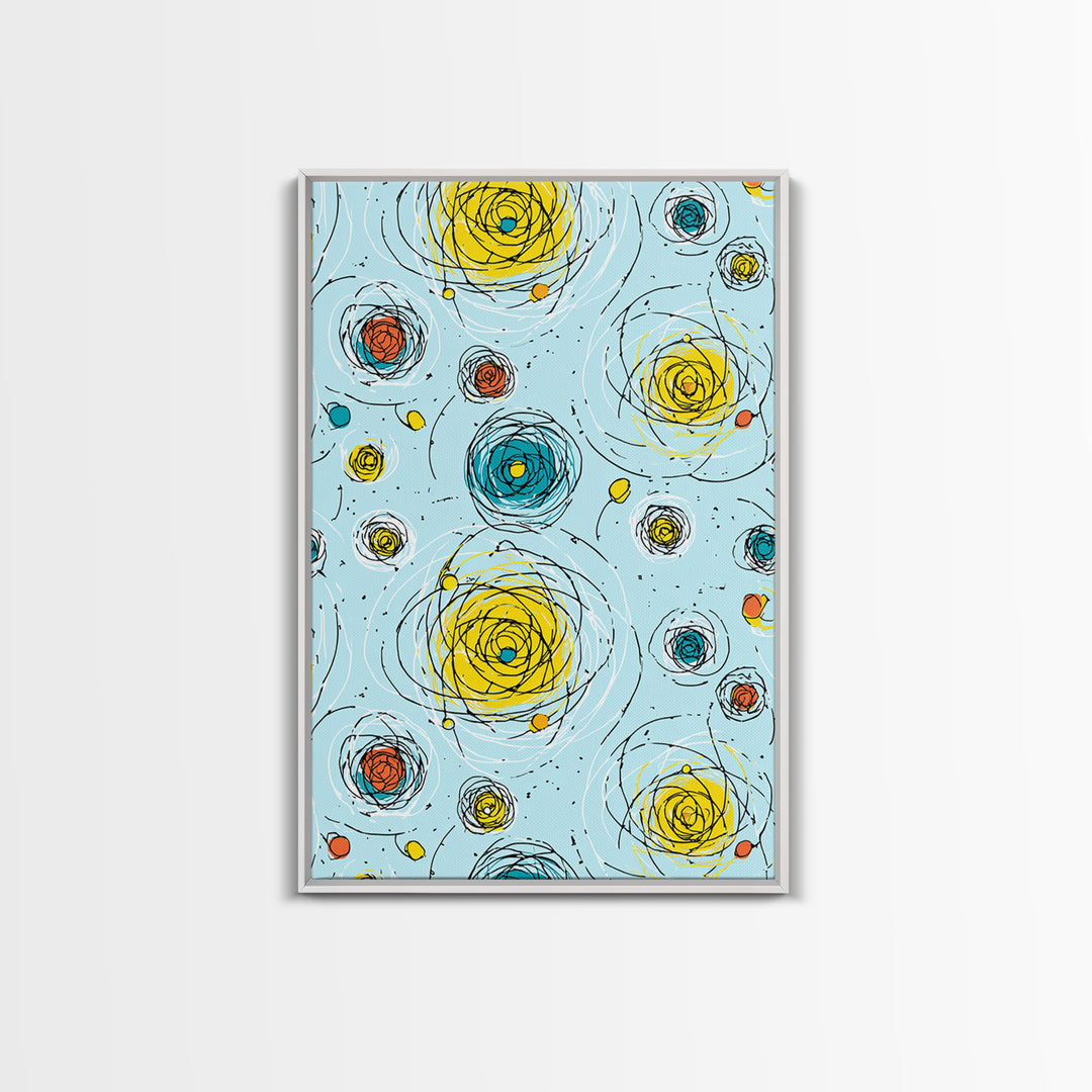 Scribble Spiral Circles On Sky Blue Wall Art, Midcentury Modern Abstract Print, Playful Colorful Geometric Office Home Decor