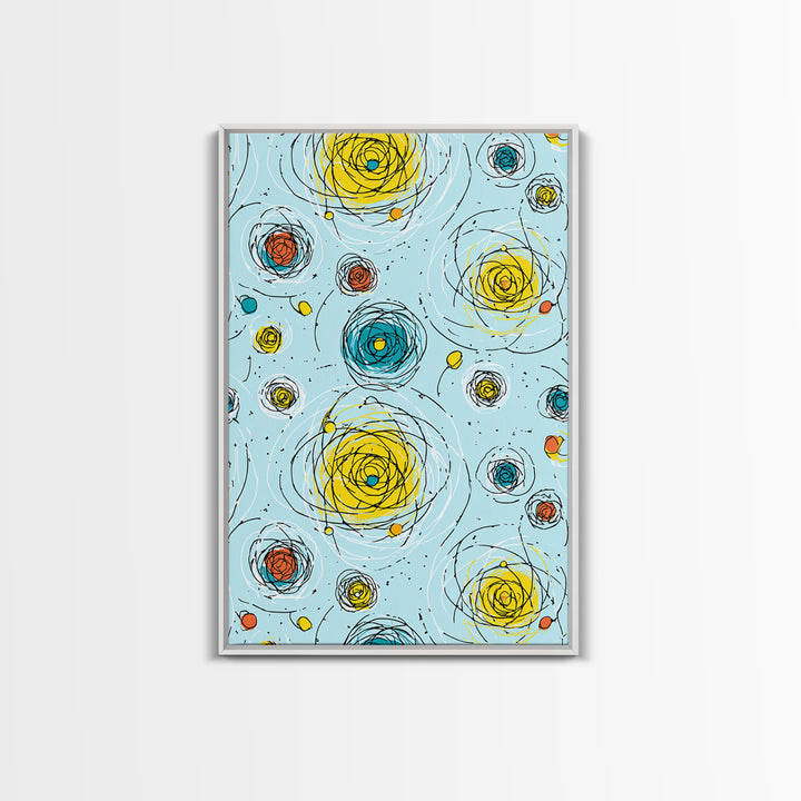 Scribble Spiral Circles On Sky Blue Wall Art, Midcentury Modern Abstract Print, Playful Colorful Geometric Office Home Decor