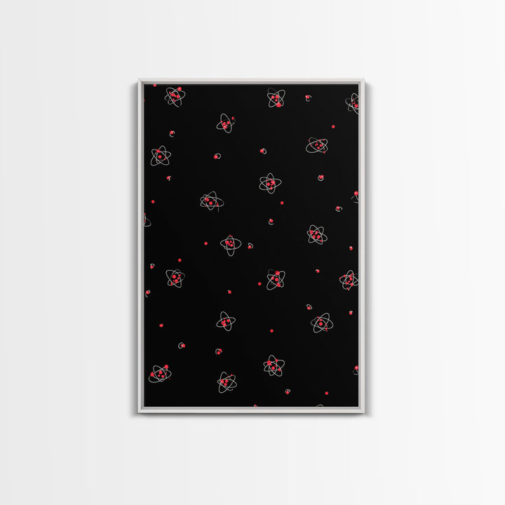 Tiny Red Atomic Dots On Black Canvas Print, Midcentury Modern Art, Retro Science Poster, Space Abstract Wall Decor, MCM Gift