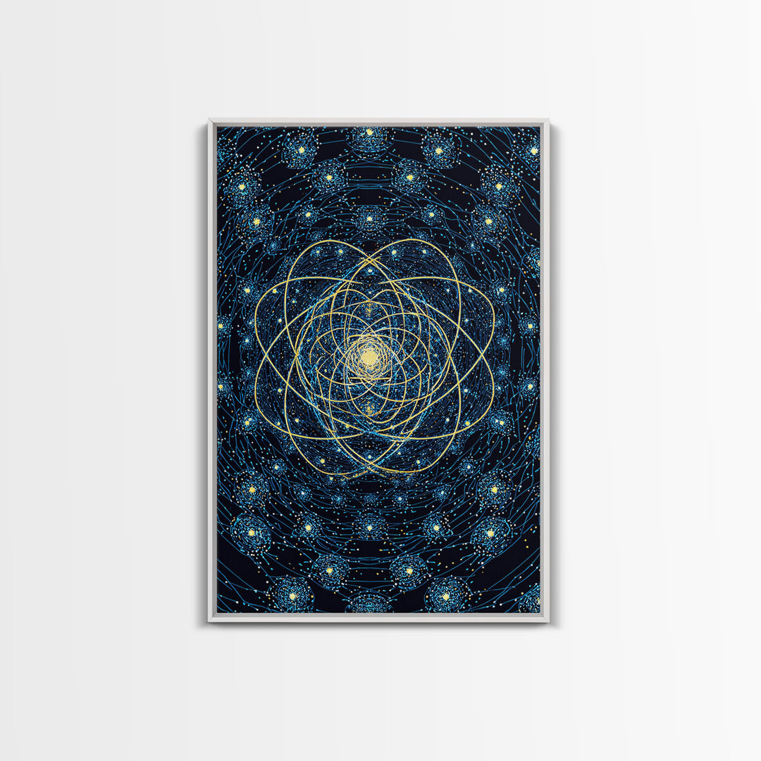 Blue Gold Cosmic Atom Mandala Wall Art, Midcentury Modern Art, Space Abstract Art, Geometric Wall Decor For Home Office, MCM Print