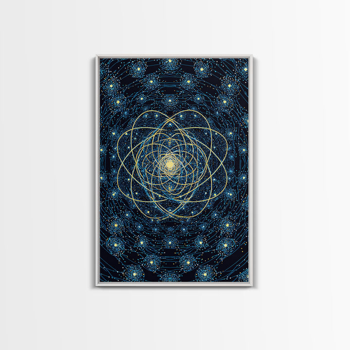 Blue Gold Cosmic Atom Mandala Wall Art, Midcentury Modern Art, Space Abstract Art, Geometric Wall Decor For Home Office, MCM Print