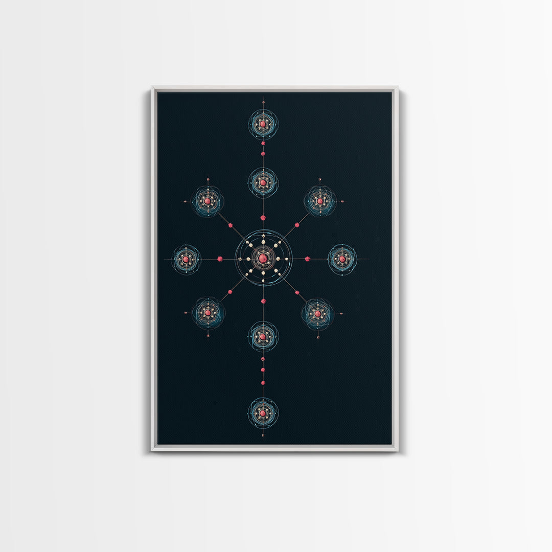 Dark Teal Atomic Molecule Diagram Framed Canvas Print, Modern Abstract Art, Midcentury Wall Art, Geometric Office Wall Decor