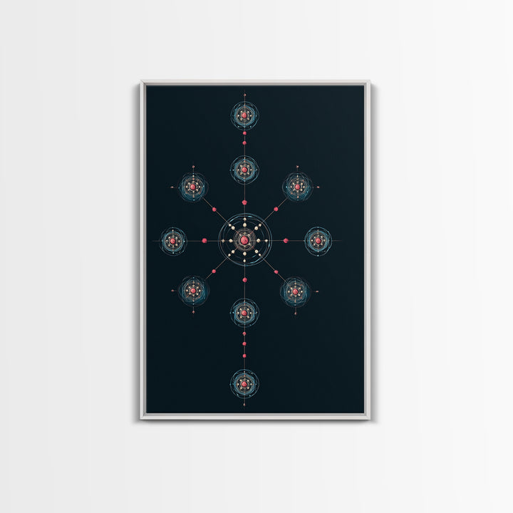 Dark Teal Atomic Molecule Diagram Framed Canvas Print, Modern Abstract Art, Midcentury Wall Art, Geometric Office Wall Decor