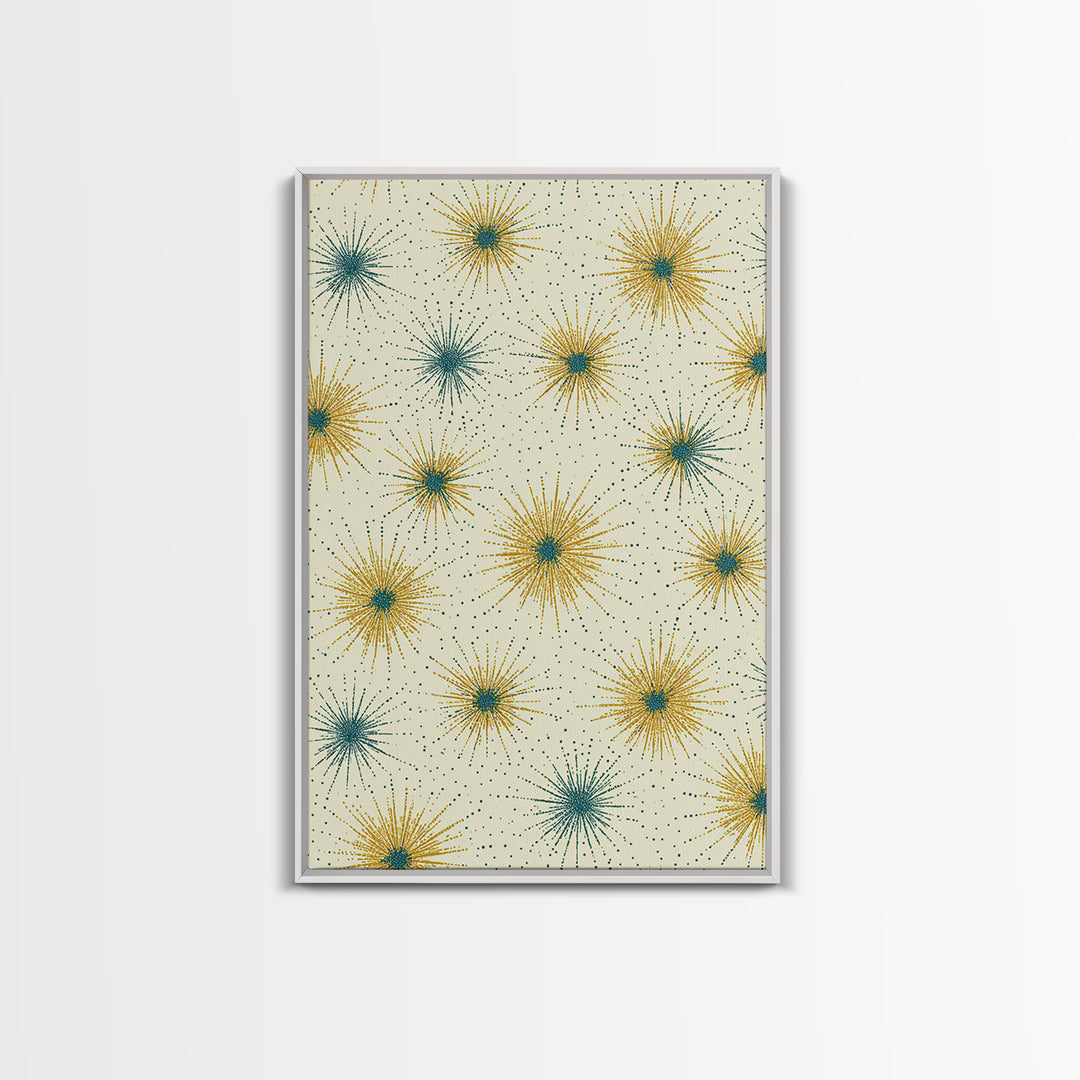 Mustard Teal Atomic Starburst Canvas Print, Midcentury Modern Art, Retro Geometric Wall Art, Scandinavian MCM Decor Gift