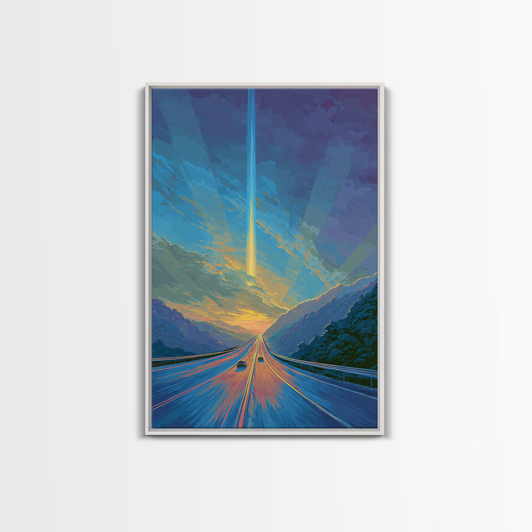 Mountain Highway Sunset Beam Canvas Print, Scenic Travel Wall Art, Modern Digital Art, Blue Orange Landscape Office Decor