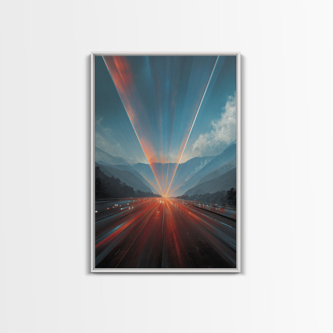 Sunrise Mountain Freeway Light Trails Wall Art, Modern Abstract Art, Scenic Travel Poster, Blue Orange Office Decor Print