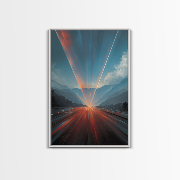 Sunrise Mountain Freeway Light Trails Wall Art, Modern Abstract Art, Scenic Travel Poster, Blue Orange Office Decor Print