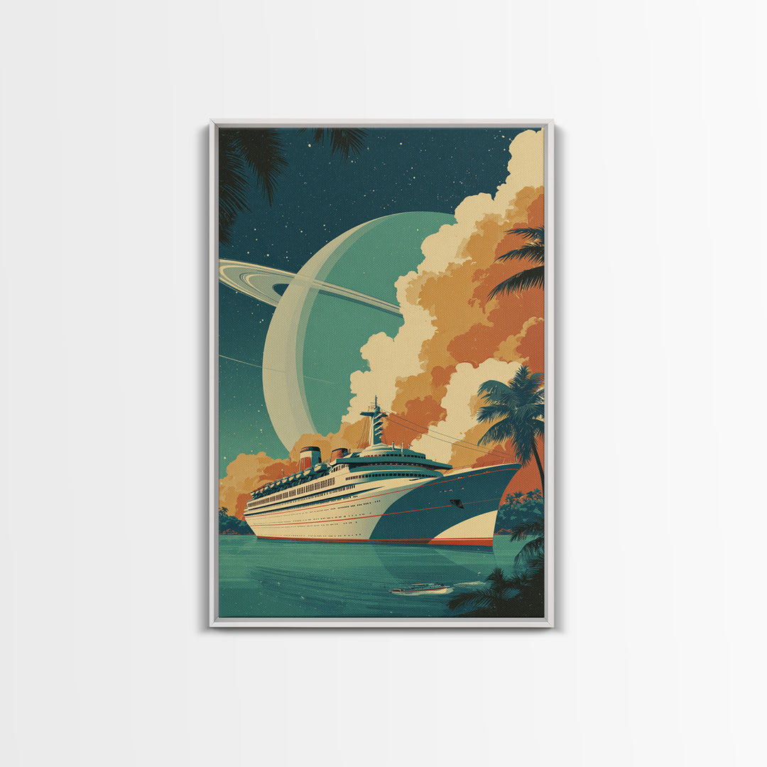 Tropical Cruise Ship Under Saturn Sky Framed Canvas Print, Mid Century Modern Art, Retro Travel Poster, Palm Tree Decor Print