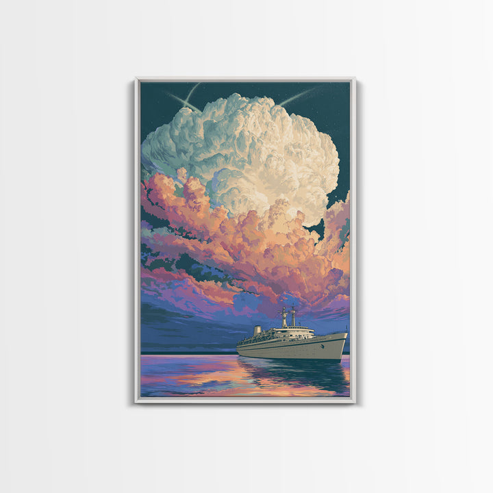 Ocean Liner Under Pastel Cloudscape Wall Art, Modern Art Print, Scenic Sunset Poster, Coastal Home Decor, Living Room Art