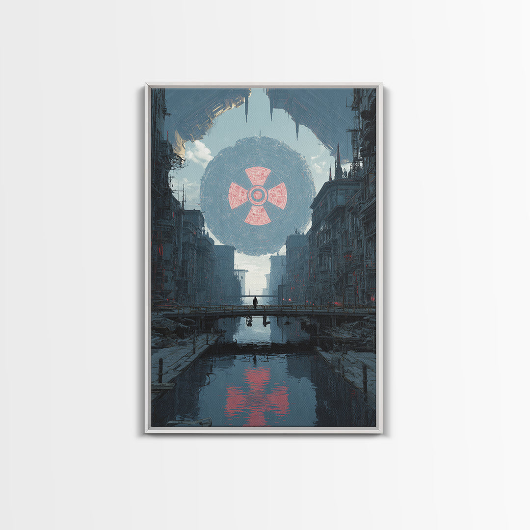 Dystopian Canal City With Giant Orb Wall Art, Modern Sci Fi Poster, Futuristic Cityscape Print, Industrial Home Decor Art