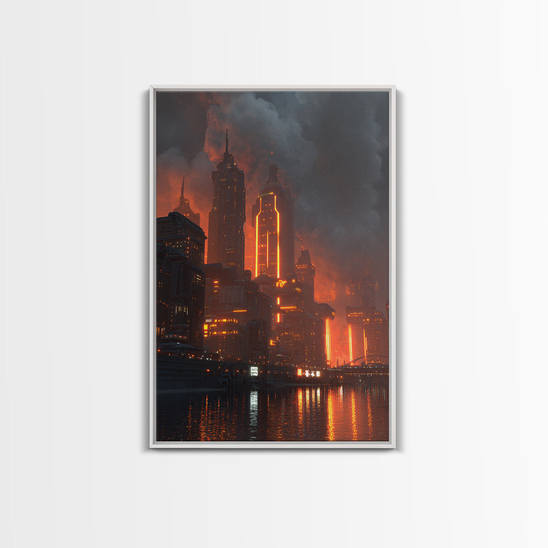 Burning Neon Futuristic Skyline Framed Canvas Print, Modern Wall Art, Dark Sci Fi City Poster, Orange Black Industrial Decor