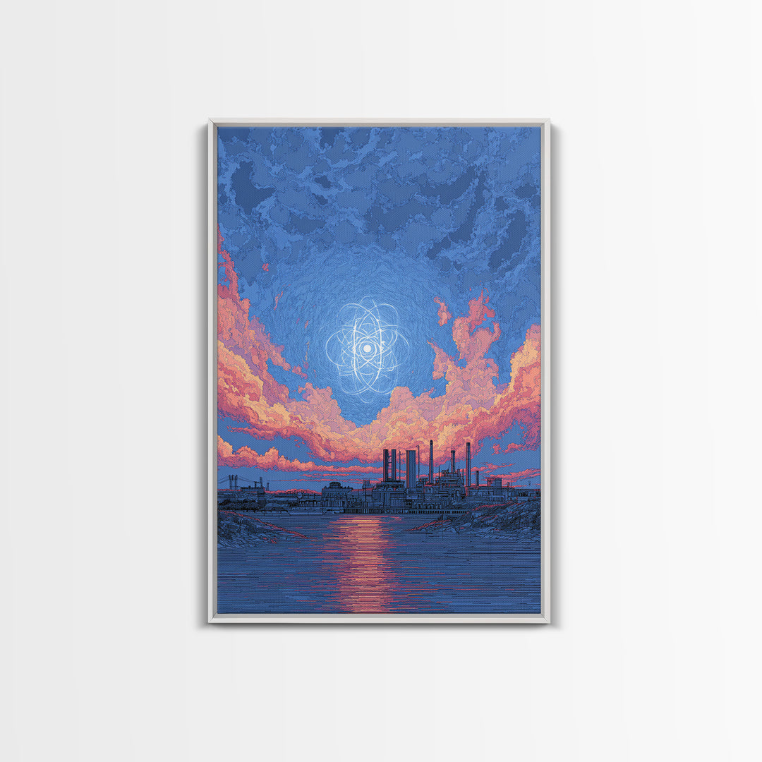 Industrial Waterfront With Atomic Pink Clouds Canvas Print, Mid Century Modern Wall Art, Retro Sci Fi Poster, Blue Wall Decor