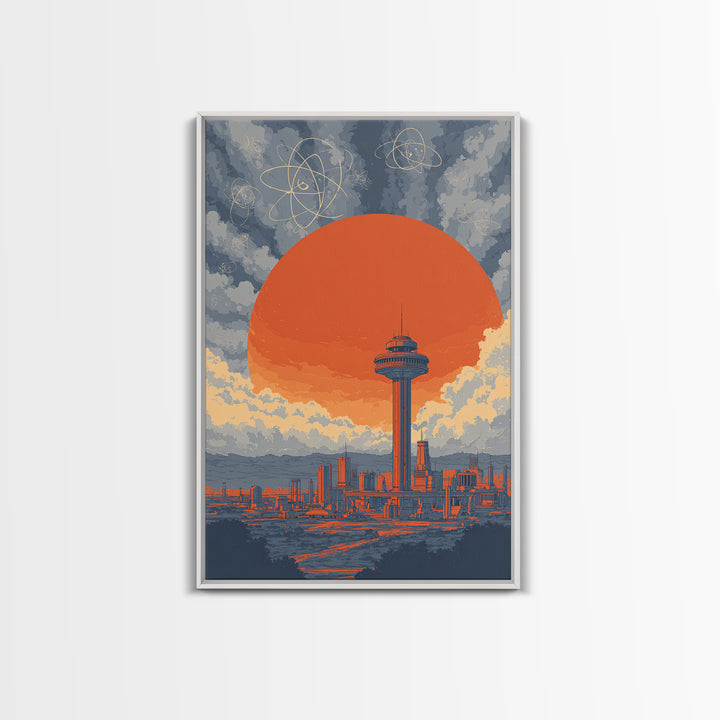 Space Needle Skyline With Orange Sun Wall Art, Mid Century Modern Print, Atomic Retro Poster, Seattle Inspired City Decor