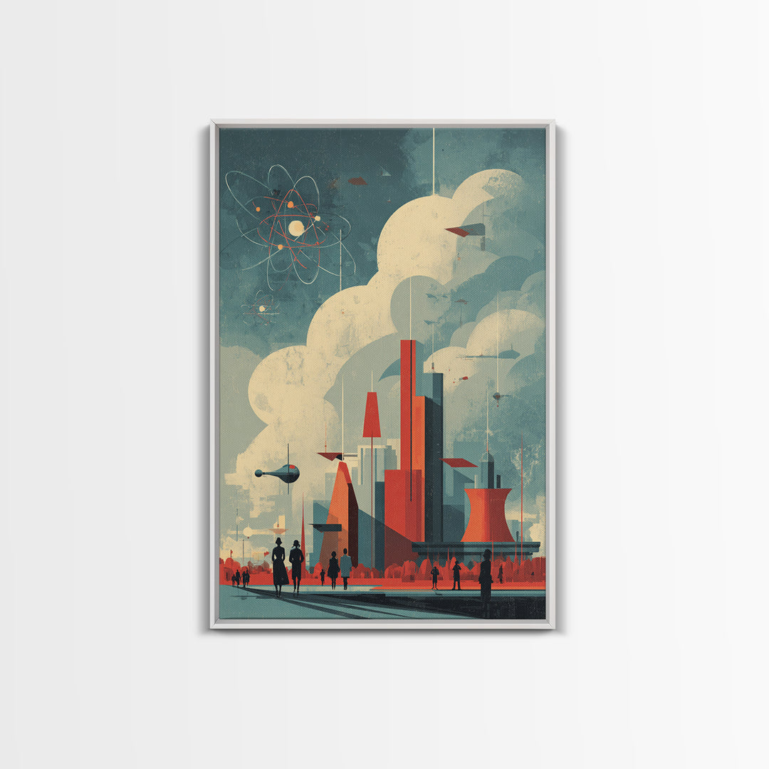 Retro Futuristic City With Red Towers Canvas Print, Mid Century Modern Wall Art, Atomic Sci Fi Poster, Geometric Home Decor