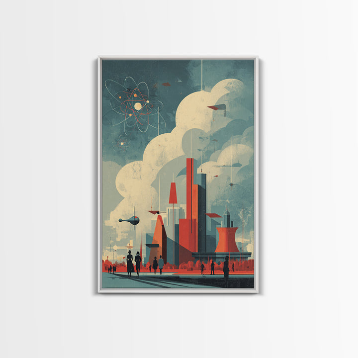 Retro Futuristic City With Red Towers Canvas Print, Mid Century Modern Wall Art, Atomic Sci Fi Poster, Geometric Home Decor