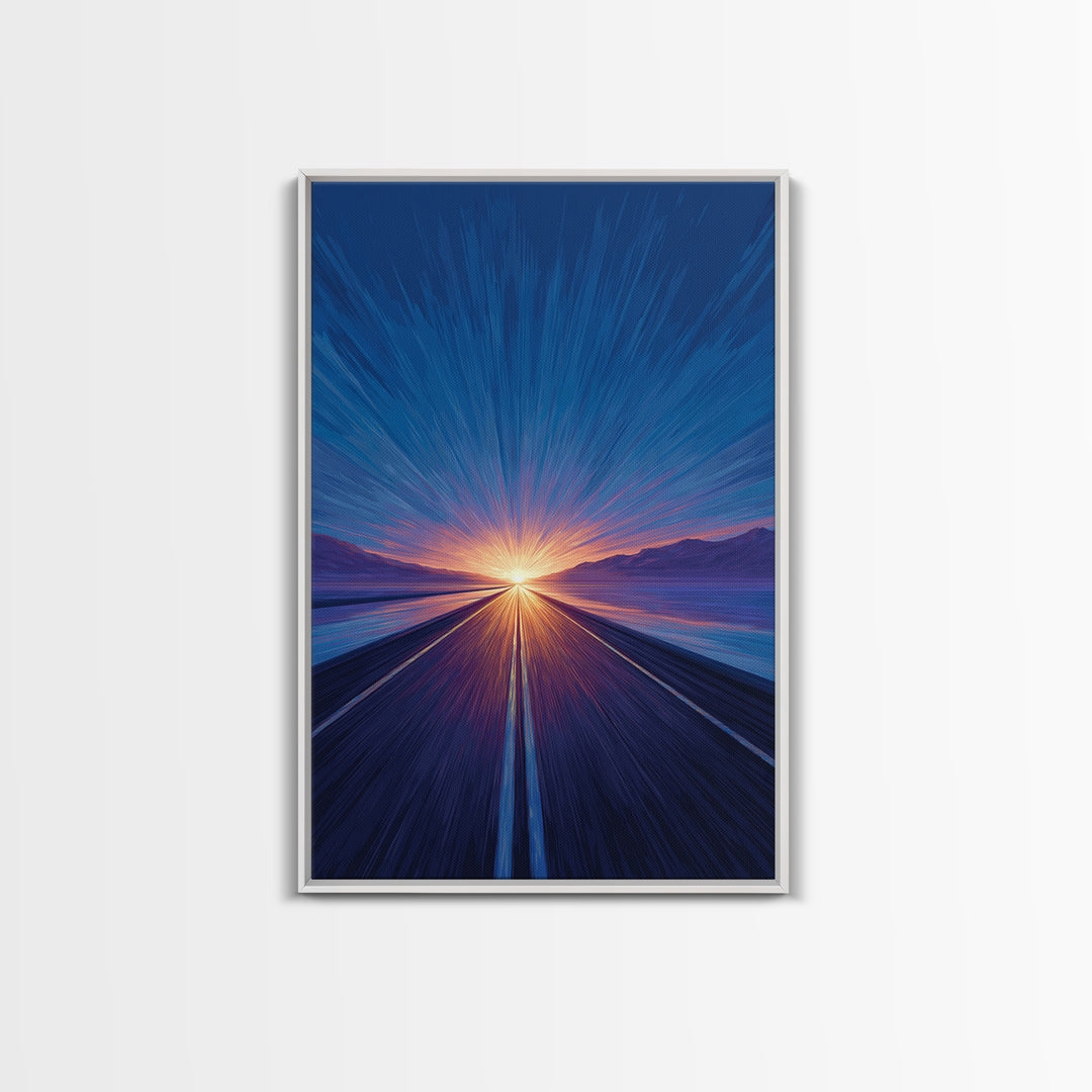 Blue Lakeside Sunset Road Canvas Print, Modern Wall Art, Scenic Travel Poster, Large Abstract Art, Bedroom Home Decor Gift