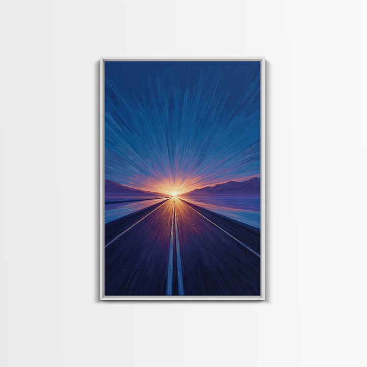 Blue Lakeside Sunset Road Canvas Print, Modern Wall Art, Scenic Travel Poster, Large Abstract Art, Bedroom Home Decor Gift