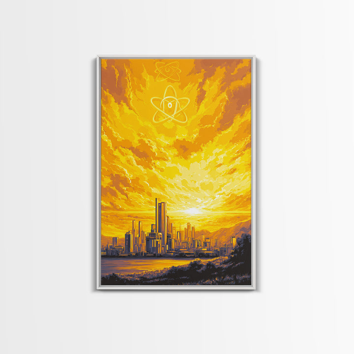Golden Atomic Skyline At Sunset Framed Canvas Print, Mid Century Modern Wall Art, Yellow Poster, Retro Futuristic City Decor