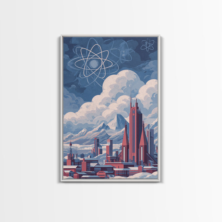 Atomic Futuristic City Under Clouds Wall Art, Retro Sci Fi Skyline, Midcentury Modern Art, Space Age Decor, MCM Poster Prints