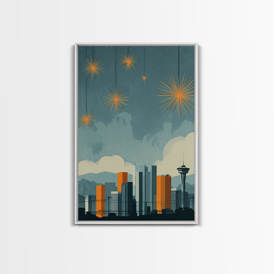 Seattle Skyline With Orange Starbursts Wall Art, Midcentury Modern Decor, Space Needle Print, Retro Cityscape Poster Home Decor