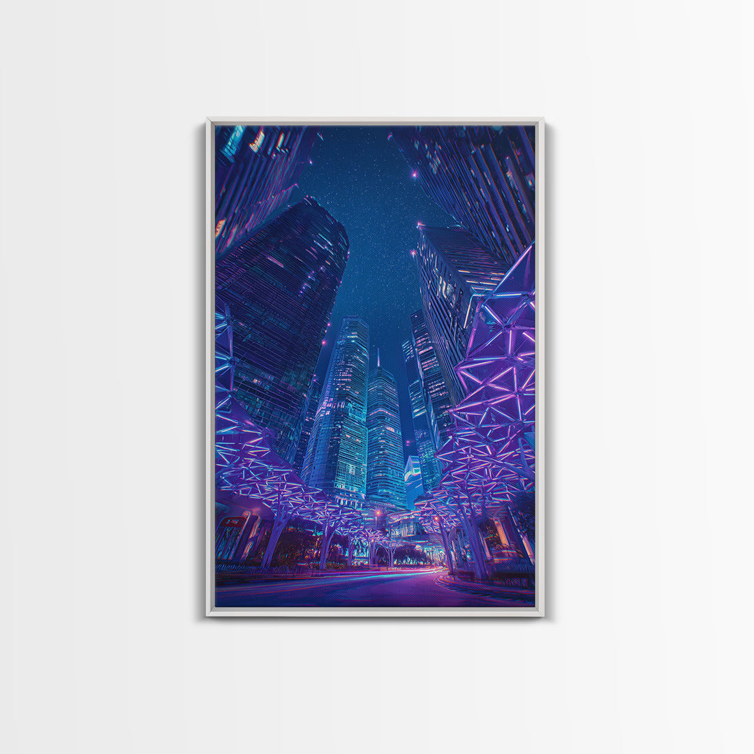 Neon Cyberpunk Skyscraper City Canvas Print, Modern Wall Art, Blue Purple Urban Night Poster Print, Contemporary Office Decor