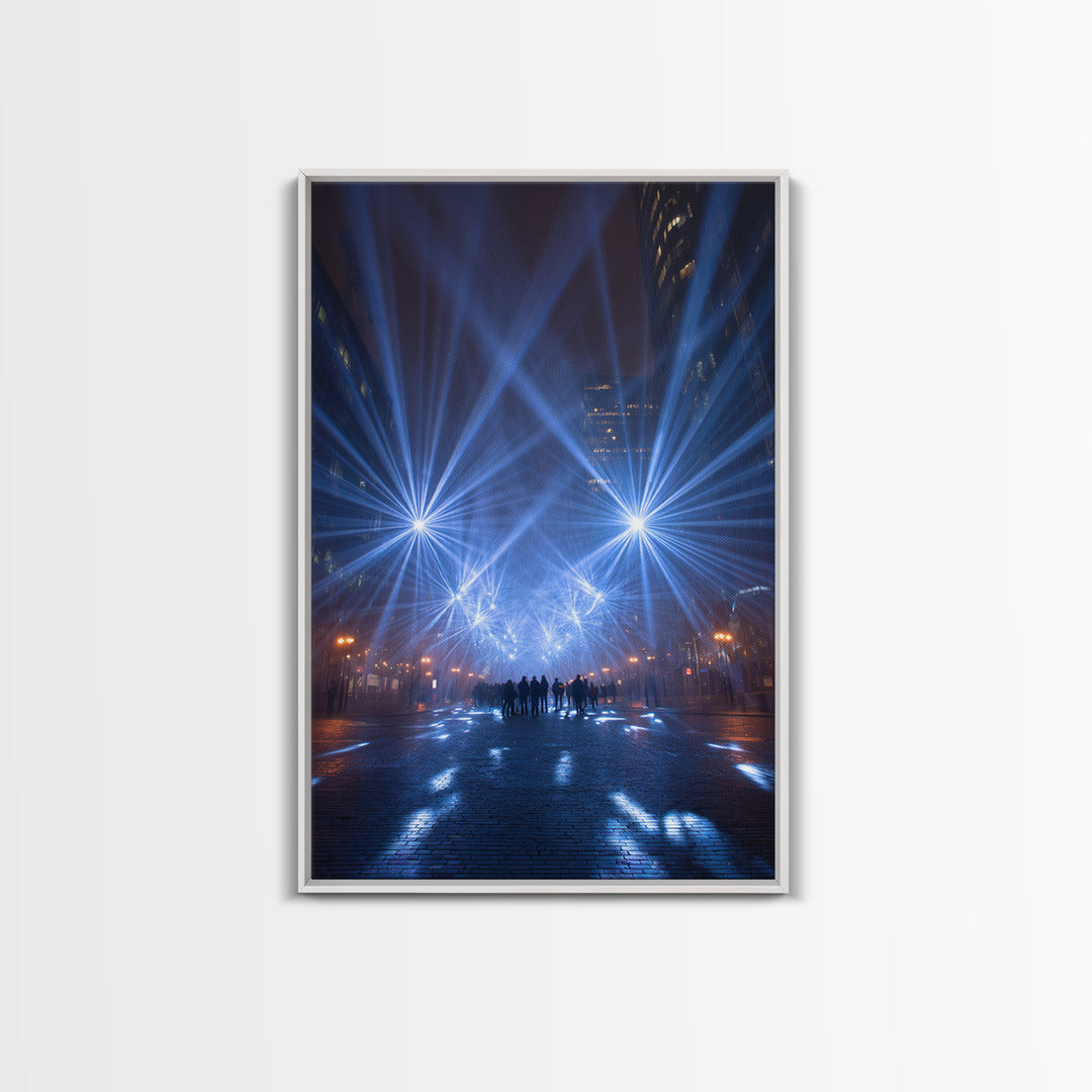 Rainy Night City Light Beams Wall Art, Modern Urban Photography Print, Blue Black Office Decor, Dramatic Skyline Poster Print