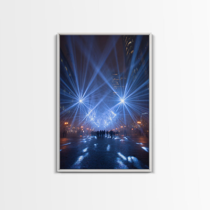 Rainy Night City Light Beams Wall Art, Modern Urban Photography Print, Blue Black Office Decor, Dramatic Skyline Poster Print
