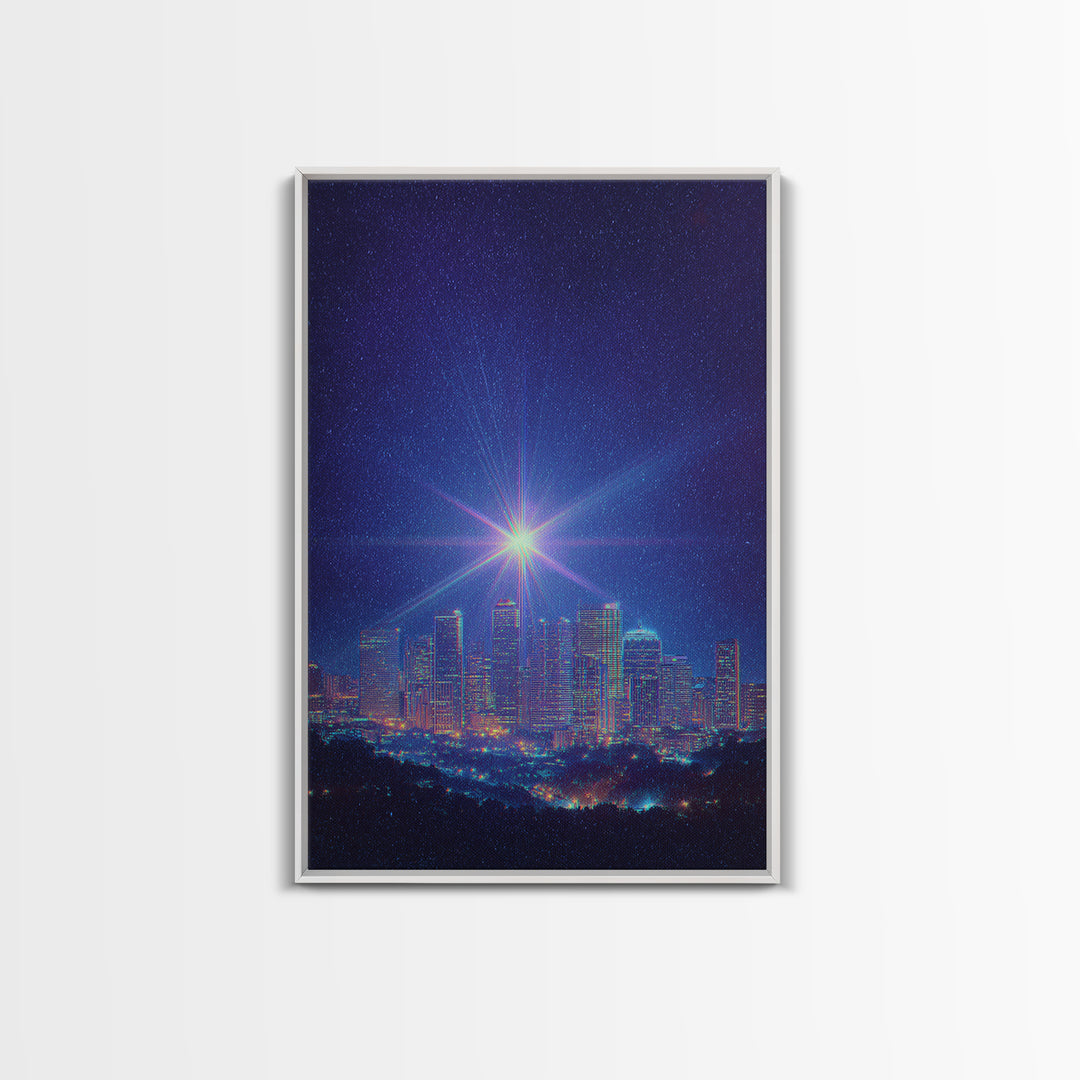 Bright Star Over Night Skyline Canvas Print, Modern Wall Art, Blue City Lights Poster, Space Abstract Art, Bedroom Decor Print
