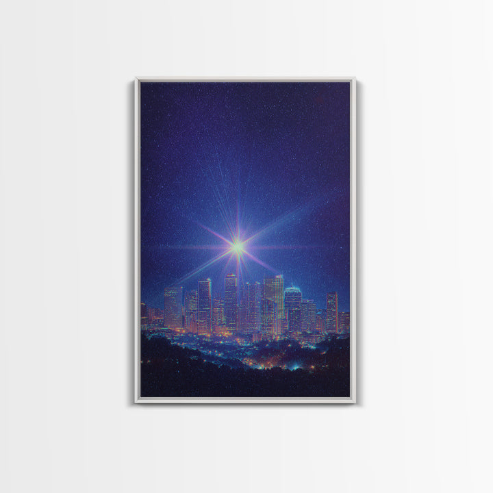 Bright Star Over Night Skyline Canvas Print, Modern Wall Art, Blue City Lights Poster, Space Abstract Art, Bedroom Decor Print