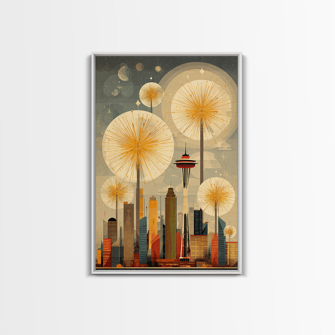 Seattle Space Needle Sunbursts Wall Art, Midcentury Modern Art, Retro City Skyline Poster, Atomic MCM Home Decor Print Gift