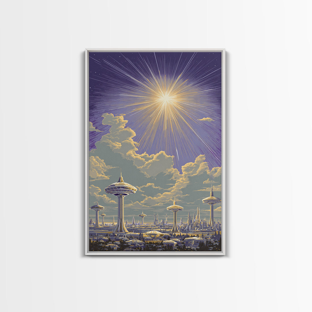 Futuristic Utopia City With Radiant Sun Canvas Print, Retro Sci Fi Wall Art, Space Age Skyline, Modern Home Decor Office Poster Print