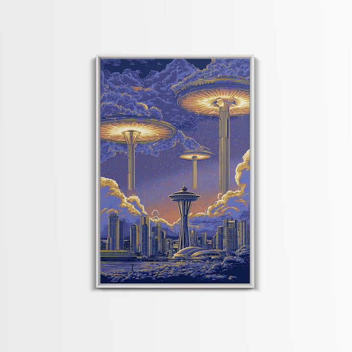 Floating Saucer Towers Above Skyline Framed Canvas Print, Retro Sci Fi Wall Art, Futuristic City Decor, Space Age Poster Print