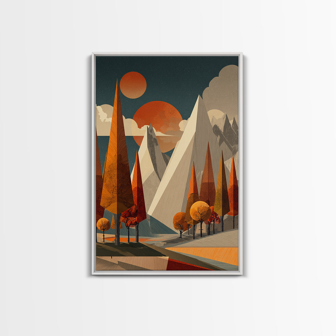 Orange Suns Alpine Peaks Wall Art, Midcentury Modern Mountain Print, Retro Geometric Landscape, MCM Cabin Decor For Living Room