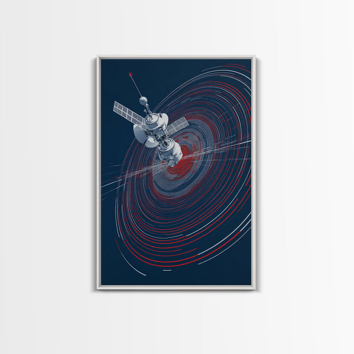 Orbiting Satellite With Red Signal Rings Wall Art, Modern Sci Fi Poster, Space Abstract Art Print, Futuristic Office Decor
