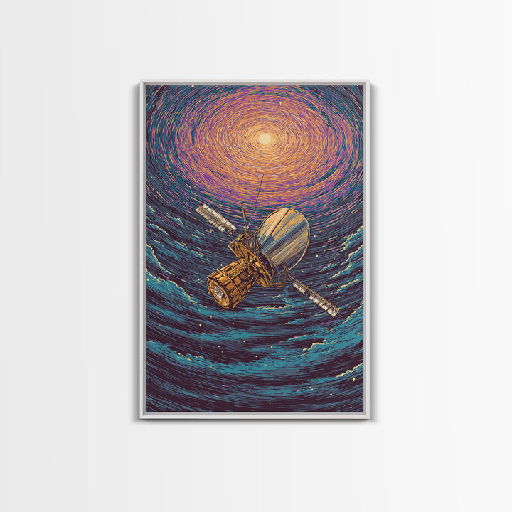 Golden Satellite In Starry Vortex Framed Canvas Print, Space Abstract Wall Art, Modern Sci Fi Poster, Cosmic Retro Decor