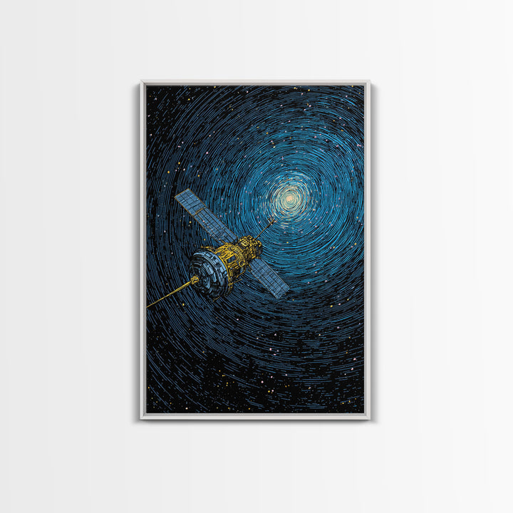 Blue Satellite Drifting Through Star Vortex Canvas Print, Modern Space Wall Art, Sci Fi Poster, Astronomy Office Decor Gift