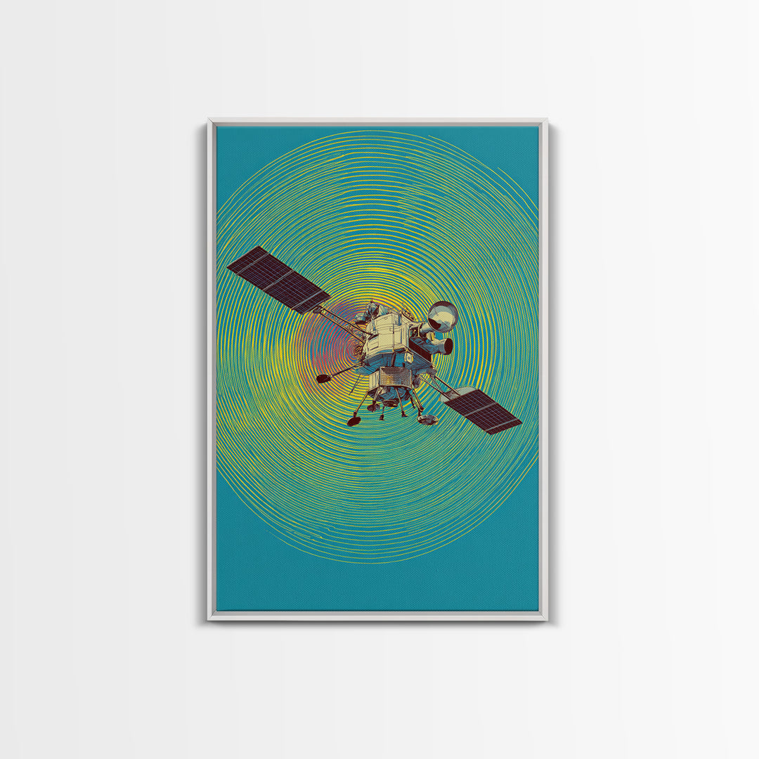 Lunar Probe With Neon Signal Waves Wall Art, Midcentury Modern Space Poster, Colorful Sci Fi Print, Retro Office Decor Gift