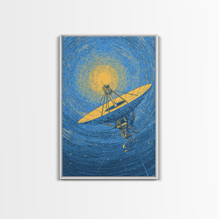 Radio Telescope Beneath Swirling Sun Canvas Print, Modern Space Wall Art, Astronomy Poster, Blue Midcentury Decor Gift Idea