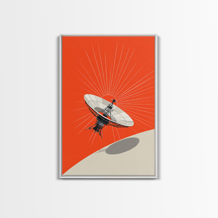 Satellite Dish Over Orange Planet Framed Canvas Print, Retro Space Wall Art, Modern Sci Fi Poster, Bold Office Decor Gift