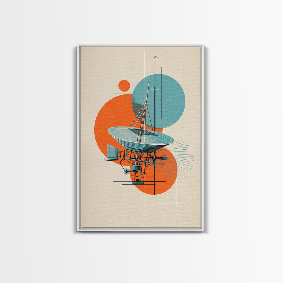 Abstract Radio Telescope With Orange Teal Circles Wall Art, Bauhaus Midcentury Modern Poster, Geometric Office Decor Print
