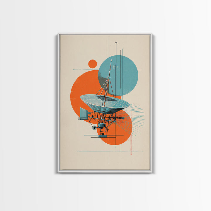 Abstract Radio Telescope With Orange Teal Circles Wall Art, Bauhaus Midcentury Modern Poster, Geometric Office Decor Print