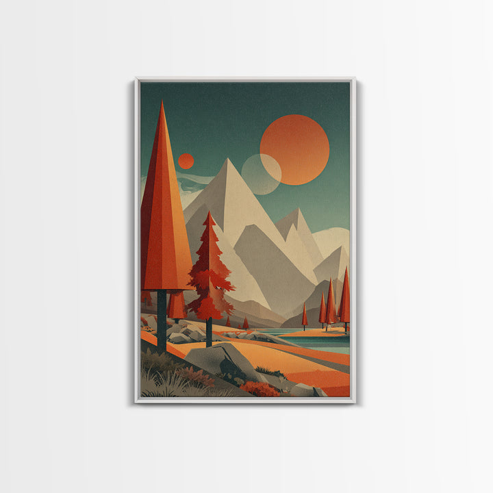 Pyramid Peaks And Orange Suns Framed Canvas Print, Midcentury Modern Alpine Landscape, Retro Mountain Lake Wall Decor For Cabin Living Room