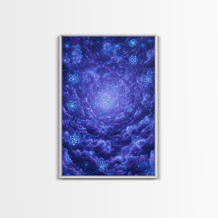 Purple Cosmic Clouds With Atom Symbols Wall Art, Retro Sci Fi Space Poster, Modern Abstract Art, Blue Art Print, Dorm Decor