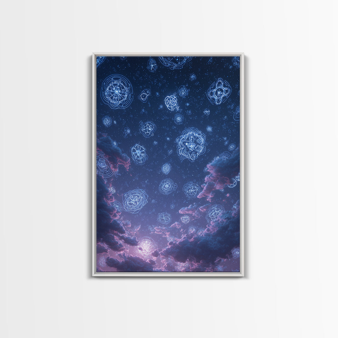 Glowing Celestial Glyphs In Starry Clouds Wall Art, Mystical Space Abstract Poster, Modern Wall Decor, Blue Cosmic Art Print