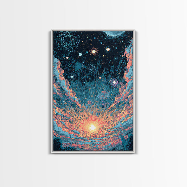 Retro Space Sunrise With Planets And Atoms Canvas Print, Midcentury Modern Art, Atomic Poster, Colorful Wall Decor, Retro Art Print