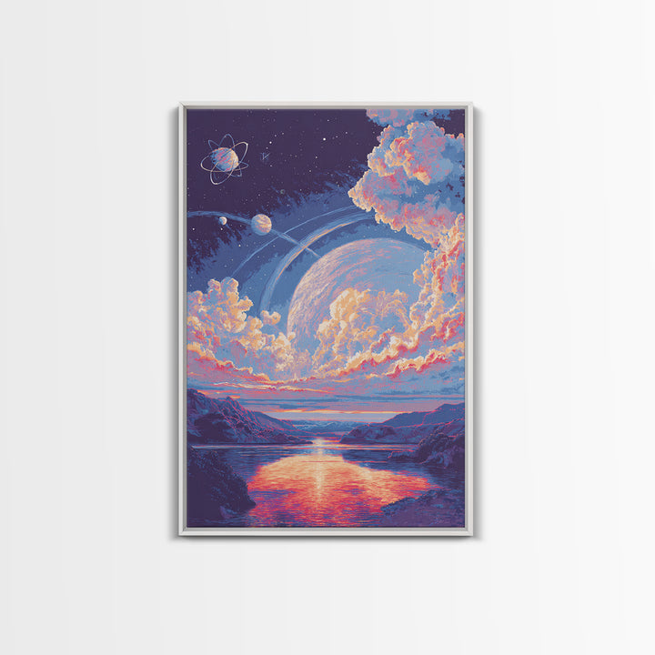 Pastel Planet Lake Under Ringed Sky Framed Canvas Print, Sci Fi Landscape Wall Art, Modern Digital Art, Dreamy Room Decor